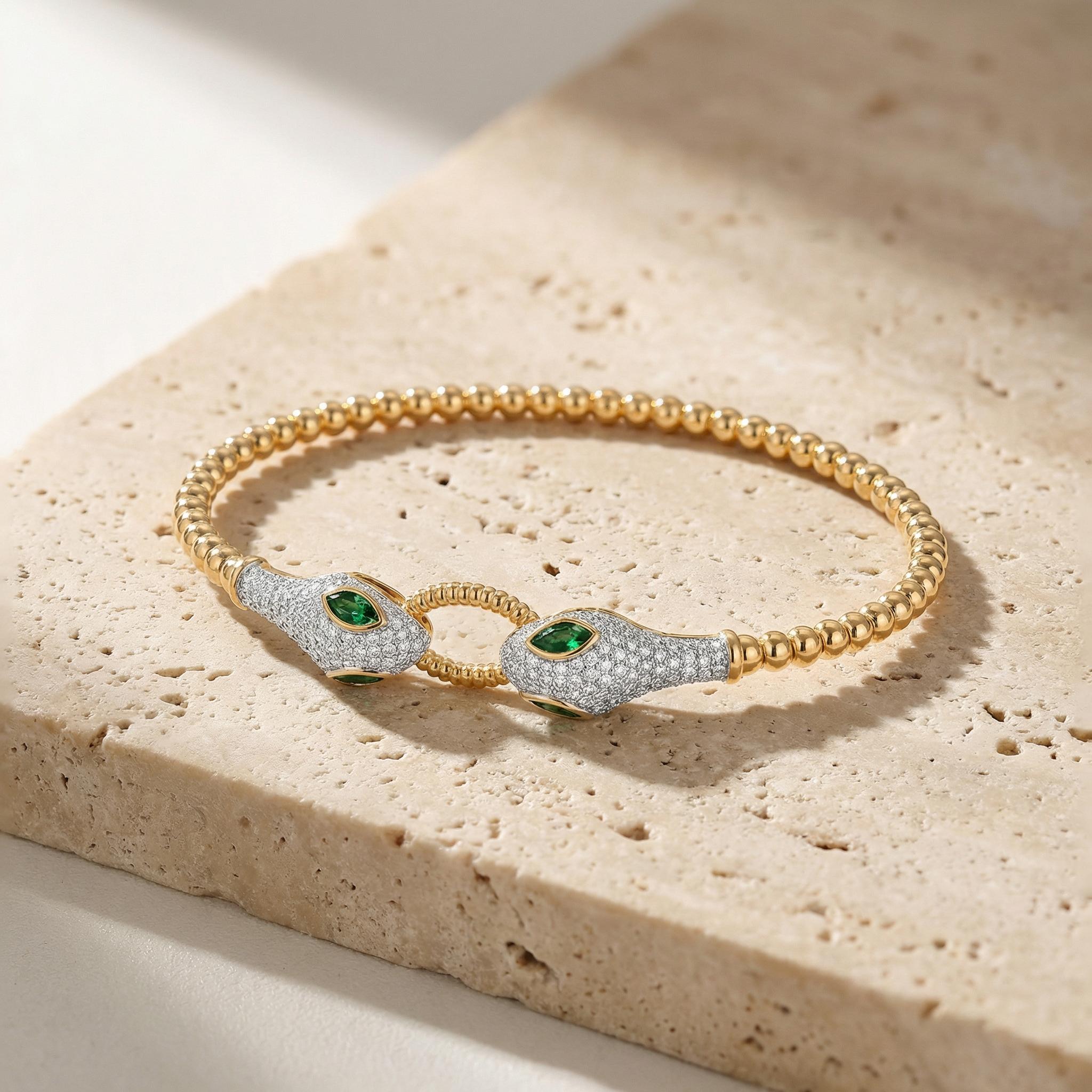 Aprilery Adjustable Snake Design Beaded Bracelet with Green Zircon and Two-Tone Gold and Silver Finish