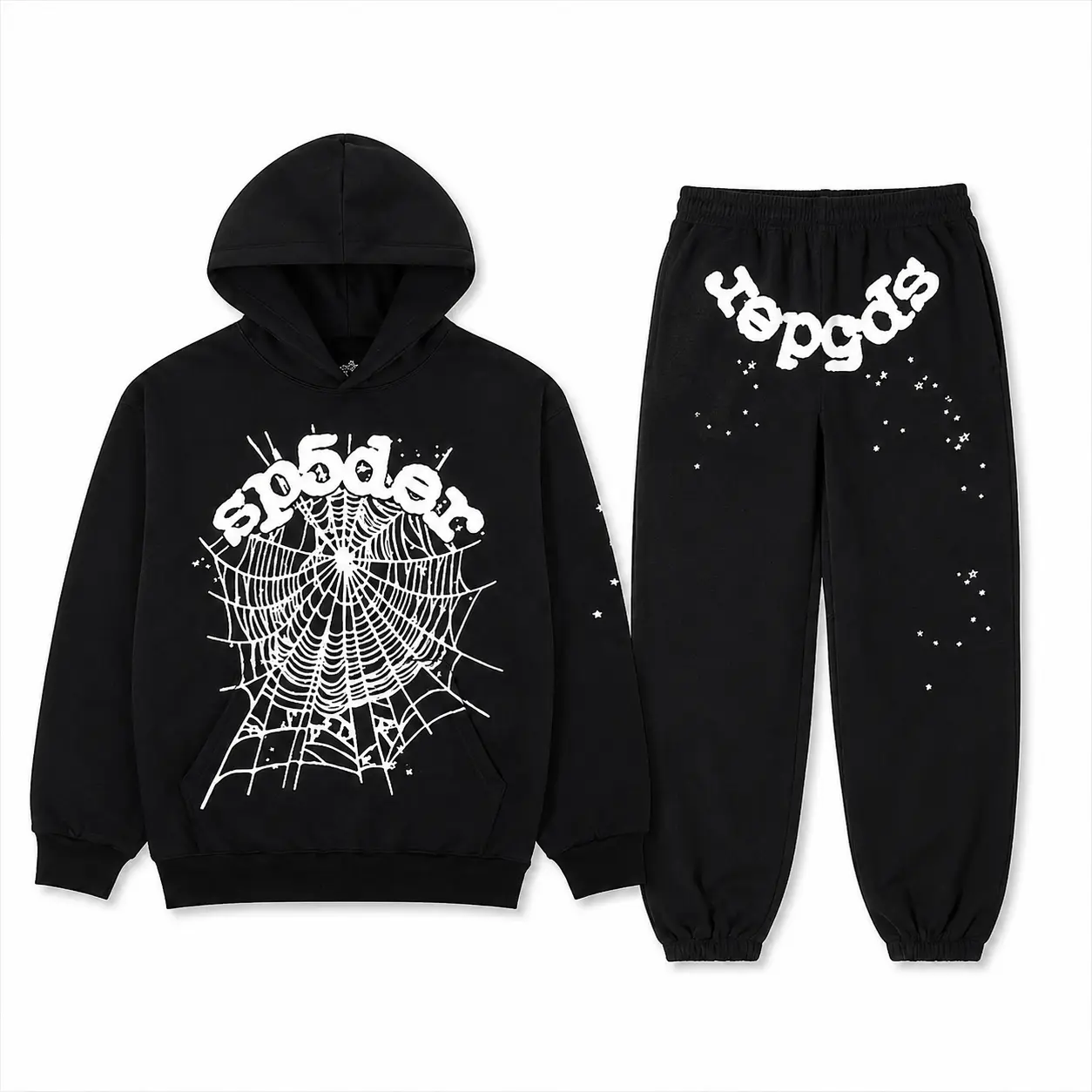 Sp Black Tracksuit Set – Y2K Spider Web Hoodie & Sweatpants, Unisex Streetwear 2-Piece Outfit, Pullover Hoodie Set, Gift for Him & Her