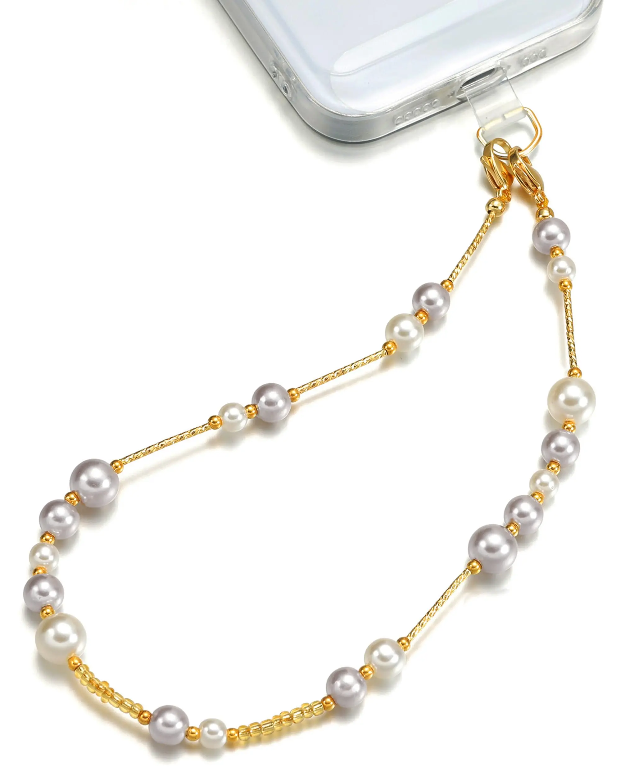 TRBR White and Grey Pearl Phone Charm Wrist Strap, Gold Beaded Lanyard Wristlet Chain, Elegant Hands-Free Bracelet Strap for iPhone & More Cell Phone Cases