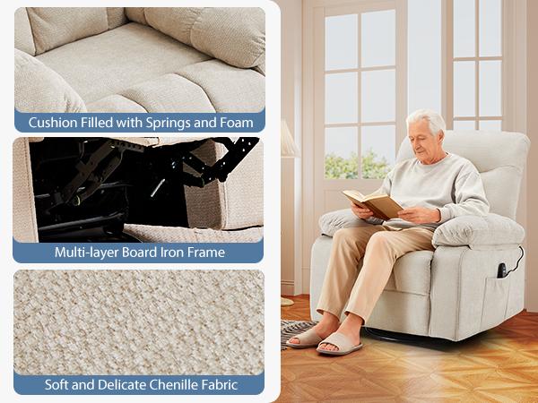 Rocker Recliner Chair, Swivel Recliner with Vibration Massage & Lumbar Heating, 270° Rotating Chenille Fabric Recliner with footrest for Living Room & Bedroom