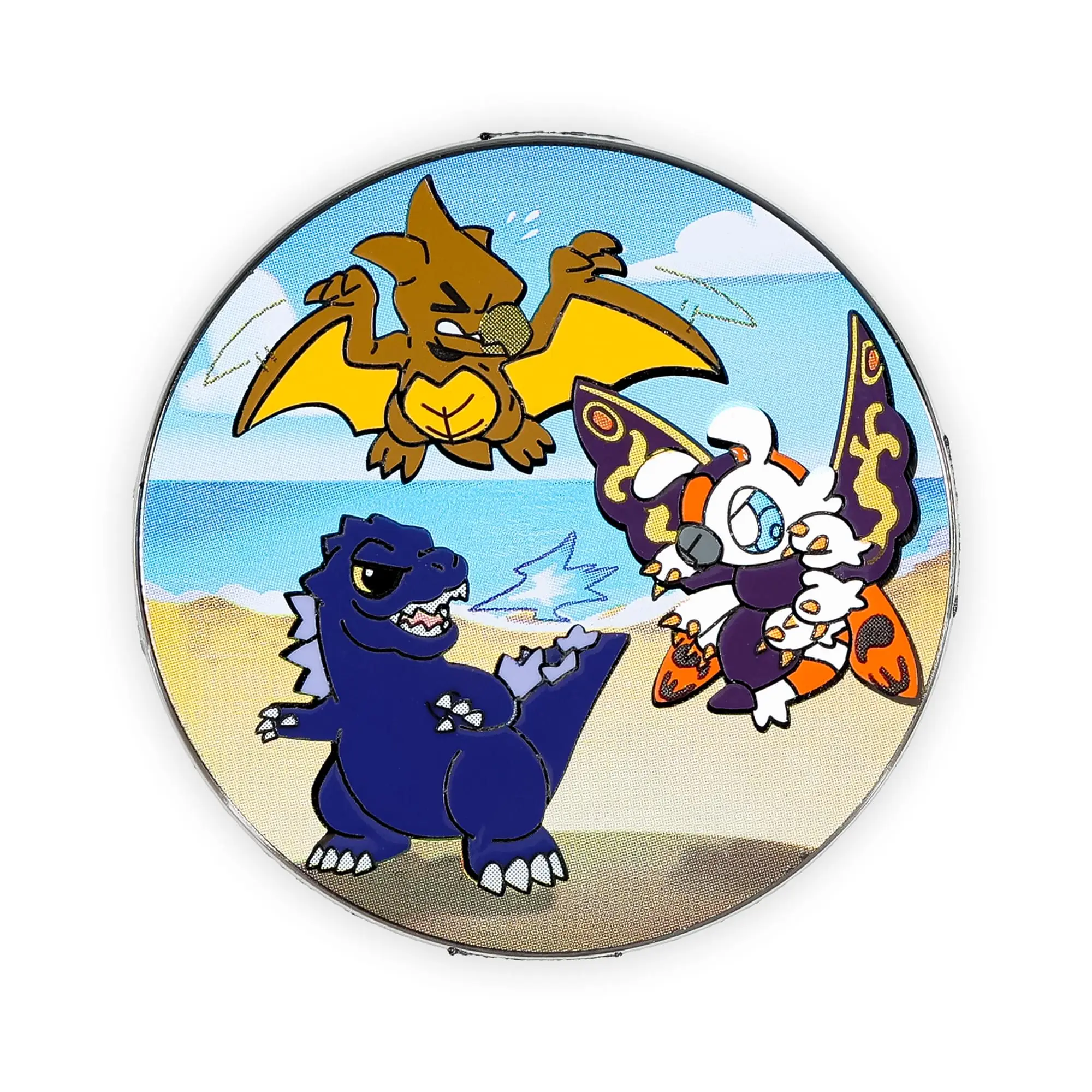 Godzilla, Mothra & Rodan Enamel Pin, Chibi Cartoon Style Kaiju Beach Scene, Durable Collectible Accessory for Backpacks & Jackets