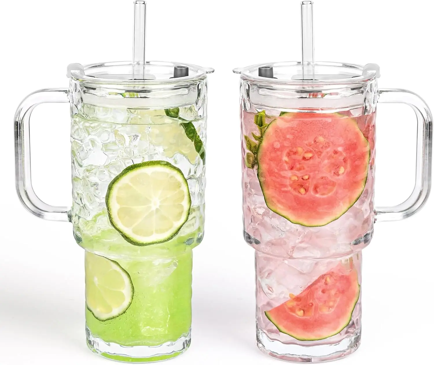17oz/26oz Glass Tumbler with Handle and Lid, 2 Pack Iced Coffee Cups with Straw, Thicked Wall Glass Mug for Cold & Hot Water, Travel Car Cup for Smoothies, Tea, and Juice