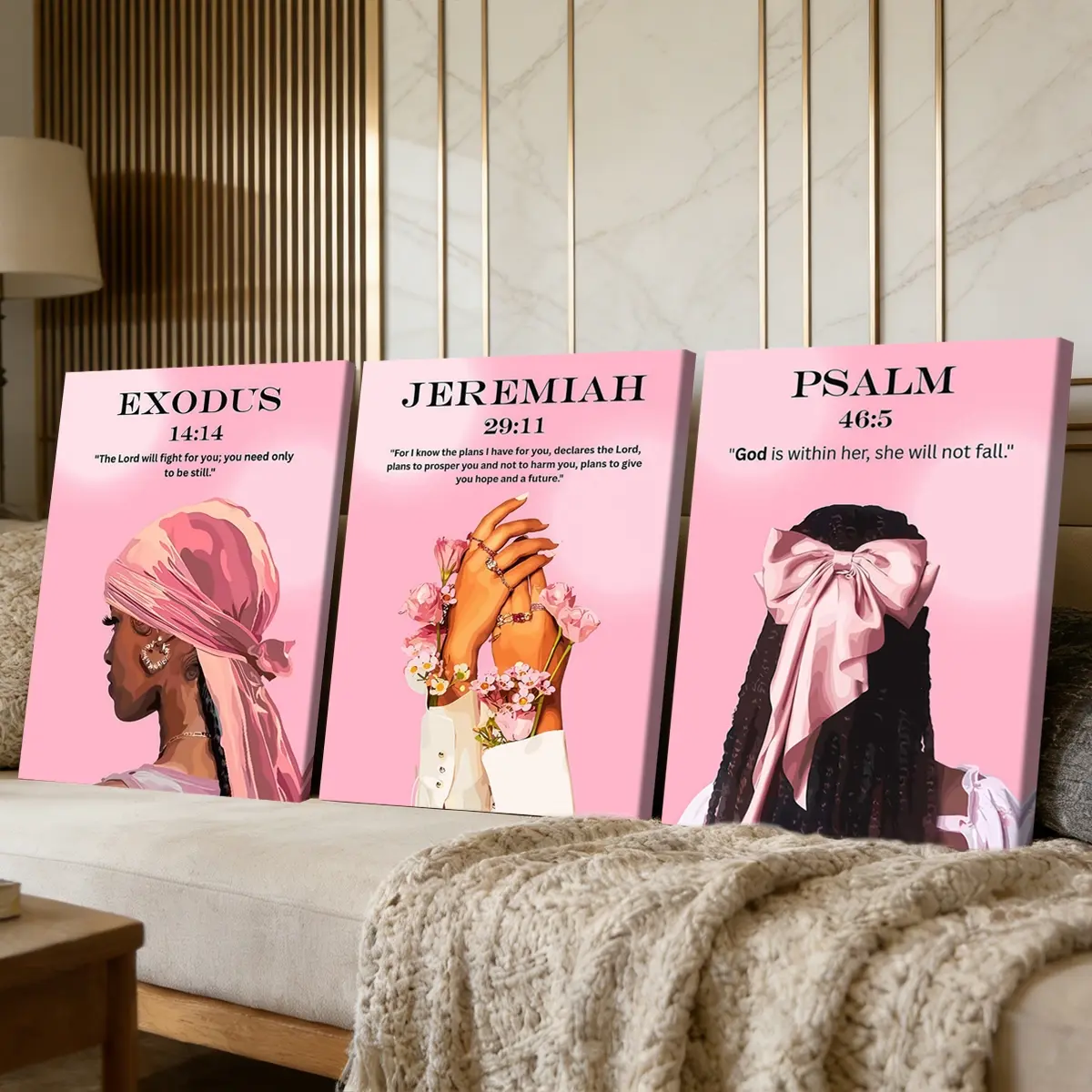 3 Counts Wooden Framed Canvas Painting, Pink Faith Inspirational Art Prints, Picture Prints, Religious Prints, Living Room Decoration, Modern Art, Wall Art Decoration, Waterproof Art, Home Wall Decor, Decorative Artwork, Decoration Items