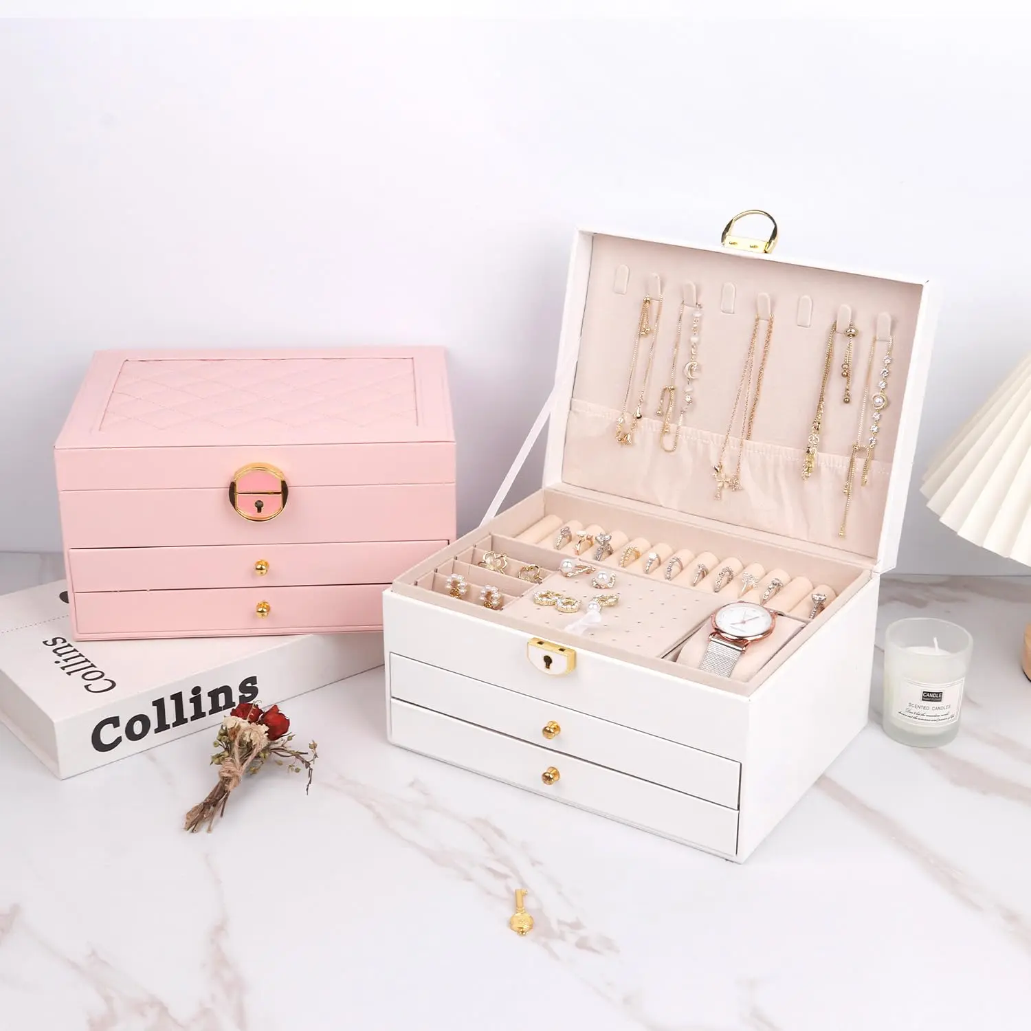 Women's Elegant 3-Layer PU Leather Velvet Jewelry Organizer Box, Lockable Key-Lock Storage Case with Drawers for Dresser Organization, Rings, Earrings, Necklaces (Box Organiser for Home Storage)