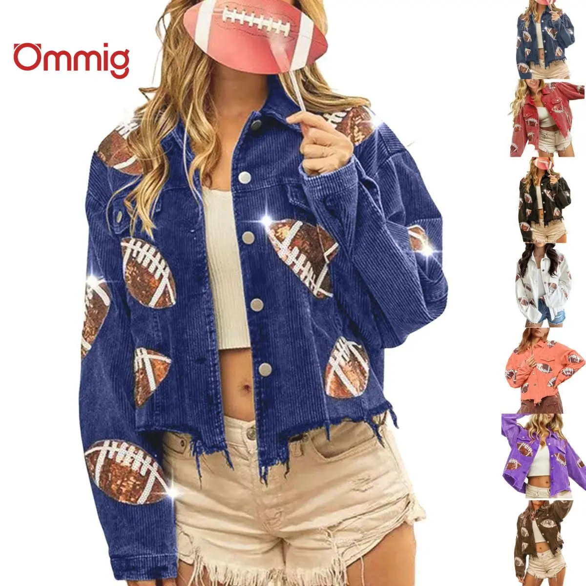 Ommig Womens Game Day Corduroy Sequin Football Cropped Jacket Rugby Oversized Lapel Button Down Shirt Shacket Coat, Tops, Long Sleeve,summerwins