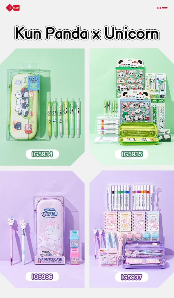 iiGEN KunPanda & Unicorn Back to School Sets! All-in-One School Supply Set，Includes Pencil Case, Mechanical Pencils,Gel Pens,Markers,Notebooks,Eraser,Ruler & Striker- Must-4 Styles Gift for Kids & Students!