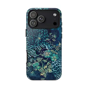 Teal Dragonfly Floral Phone Case Boho Leopard Mandala Cover Nature Inspired Bohemian Art iPhone 17 16 15 14 13 12 11 Gift for Boho Lovers