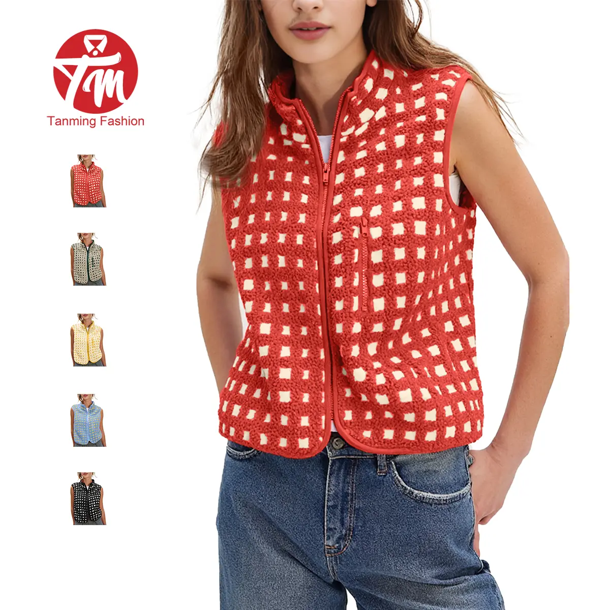 Tanming Women's Trending Plaid Sherpa Fleece Vest - Casual High-Neck Sleeveless Zip-Up Layering Top with Pockets, Waistcoat, Mid-Length, Machine Washable