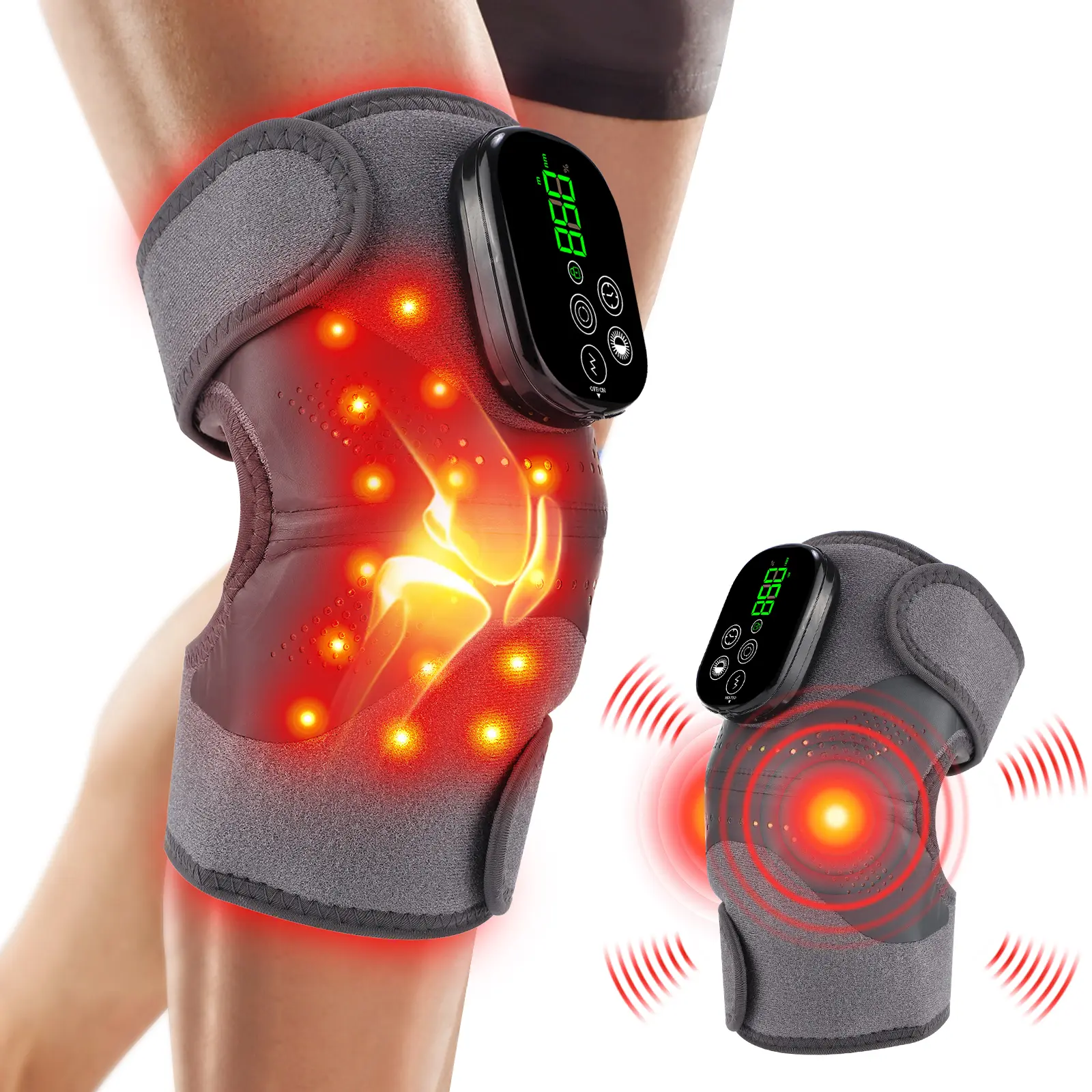 Knee Massager with Heat and Red Light Therapy and Vibration, 660nm & 850nm Infrared Red Light Therapy for Pain Relief, 5000mAh Protable Rechargeable Heated Brace for Knee, Joint, Elbow, Shoulder Cordless
