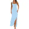 BORIFLORS Women's Polyester Sleeveless Square Neck Ruched Mesh Maxi Dress - Stretchy, Flowy Ruffle Classy Formal Wear, Wedding Guest Going Out Outfit, BabyBlue Summer Coquette Aesthetic Women's Dresses,sohochic