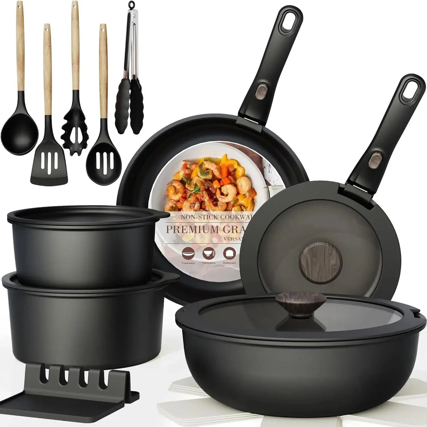 Non-Stick Cookware Set for RVs, Ceramic Kitchen Cookware Set with Detachable Handle, Oven Safe, Suitable for Induction Cookers, Stackable, Black 21-Piece Set