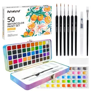 Pottreative 50 Solid Watercolor Paint Set, Portable Travel Set with Built-in Palette, Brushes and Sponge, 6 Extra Detailed Brushes