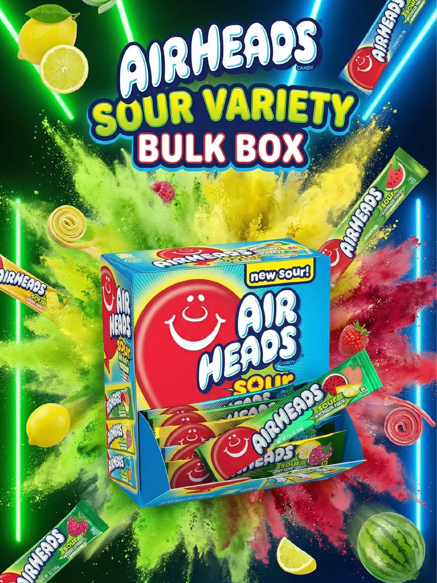 Airheads SOUR Bars, Variety Bulk Box, Sour Watermelon Punch, Blue Blast, and Lemon Berry Squeeze flavored candy, 60 Individually Wrapped Full Size Bars Sour Peach Gummies Chewy