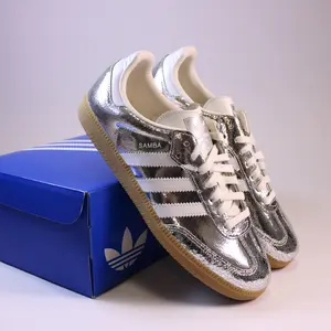 Adidas Samba OG Silver Metallic Cracked Leather Women's Sneaker JR0035 Authentic New Casual Fashion Shoes