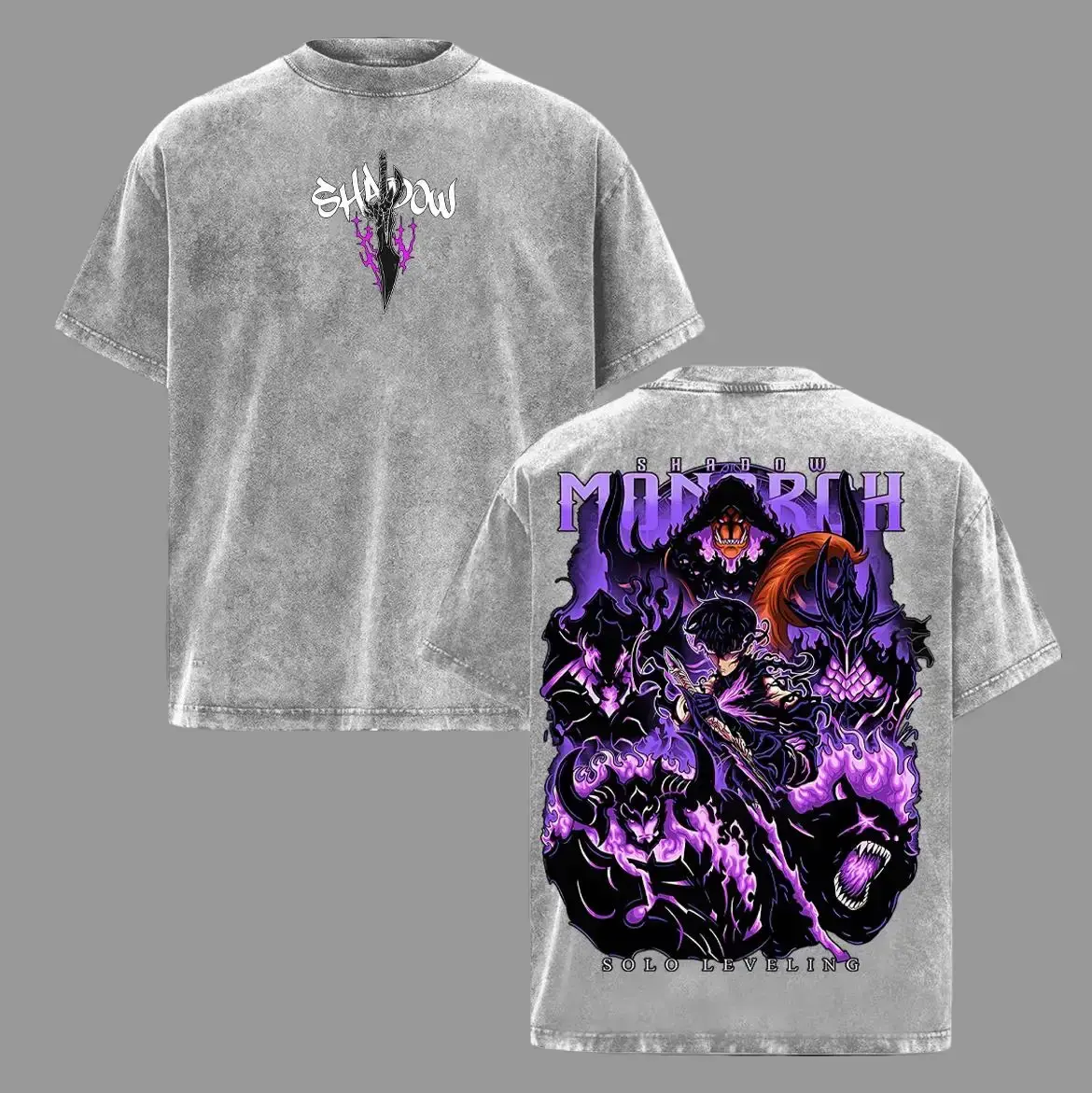 Shadow Monarch Anime Tee | Inspired by Solo Leveling & Sung Jinwoo’s Power | Dark Purple Graphic Streetwear | Awaken Your Shadows with Epic Art & Bold Design | Oversized Vintage Wash Shirt