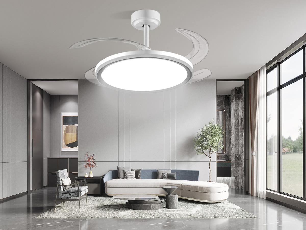 BaySquirrel 42-Inch Slim Invisible Indoor Ceiling Fan-Light Combo, 6 Retractable Blades, 6-Speed Airflow, Reversible, Dimmable RGB Color Shift, Remote & App Control, 24-Hour Timer, Plastic & Aluminium, 19.09"l x14.96"w x14.96"h Smart Fan for Bedroom, Ever