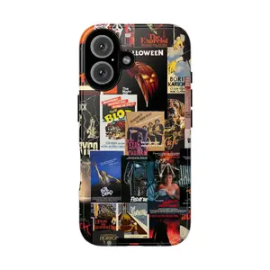 Vintage Horror Movie Poster Collage Tough Phone Case for iPhone 11, 12, 13, 14, 15, 16, 17 Pro Max Plus, Ultimate Anti-Drop, Waterproof, Shockproof, Scratch-Resistant Full Protection with Glossy Finish, Perfect Halloween Gift.