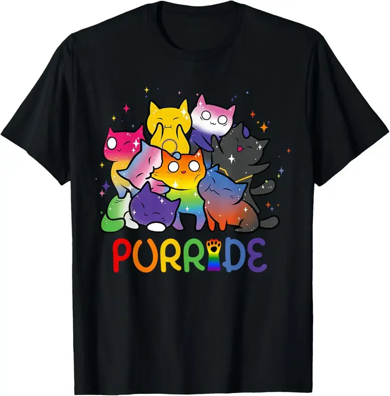 Women's 100% Cotton Fitted Short-Sleeve Unisex Casual Wear T-Shirt - Purride Cat Pride Ally LGBT Rainbow Style for Animal Lovers Crewneck Clothes
