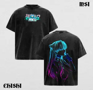 Hatsune Miku Neon Glitch Heavyweight Tee. Vibrant Dark Fantasy Shirt, Urban Aesthetic Top for Fans.
