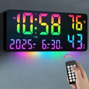 14.6" Extra Large Digital Wall Clock with Remote Control, Dual Alarms, Big LED Screen, 12 RGB Multicolor Display Modes, Built-in Night Light, Humidity Monitor, Date, Week & Temperature - New Year Home Decor Gift for Living Room, Bedroom & Seniors