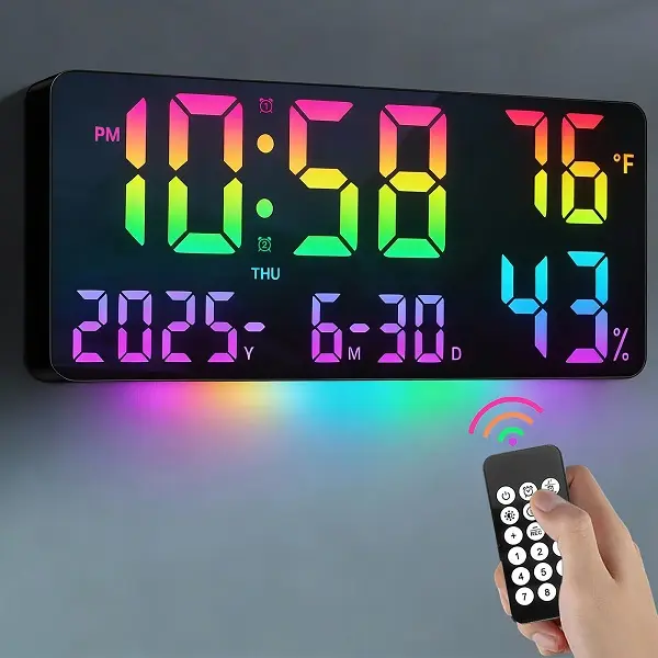 Pacilack 14.6" Extra Large Square Plastic Digital Table Clock with Digital Clock Face, Calendar, Remote Control, Dual Alarms, Big LED Display, 12 RGB Modes, Night Light, Humidity Monitor, Week, Temperature, Auto Power Off - Living Room Home Decor Gift, Ta