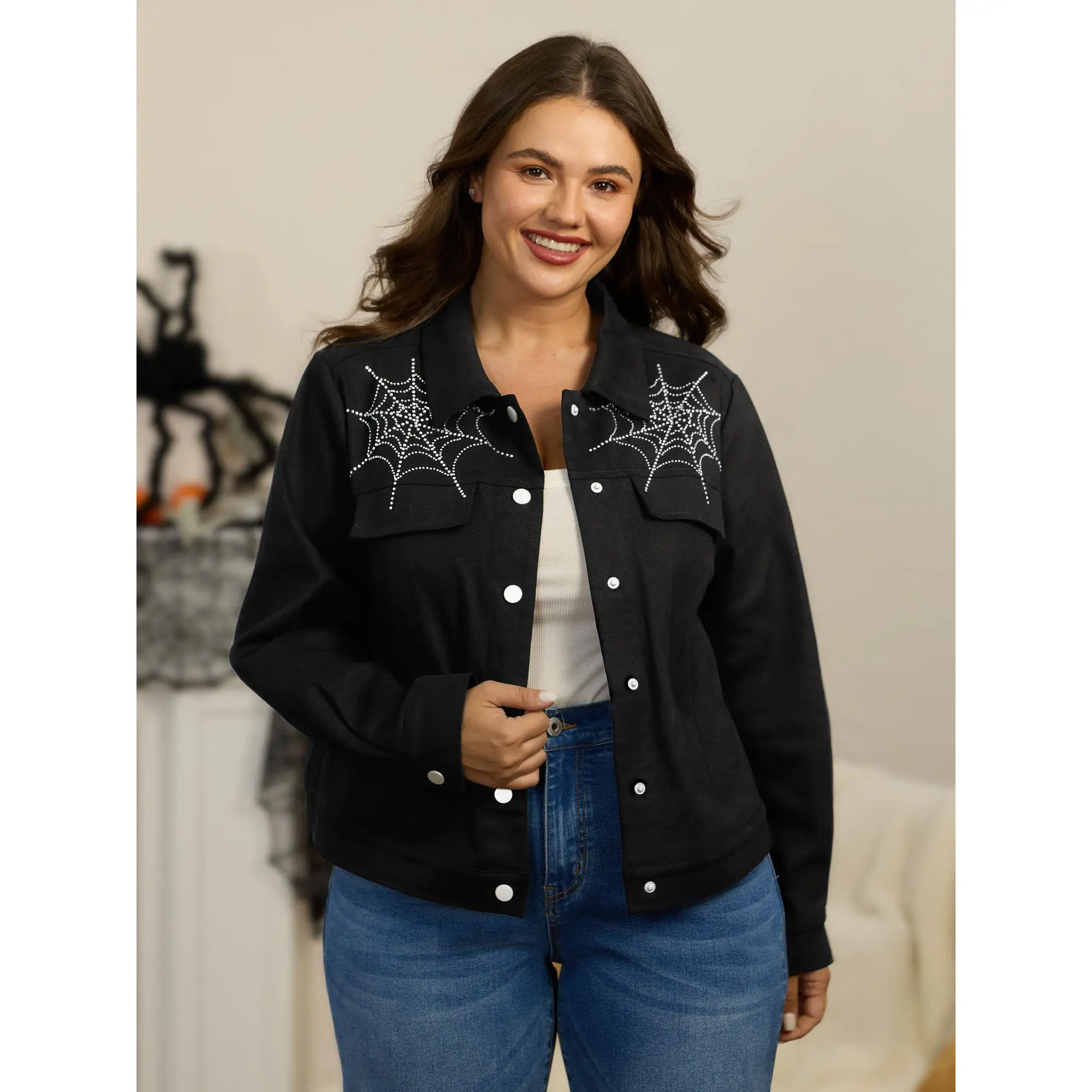 BloomChic Cotton Spider Web Rhinestone Button Front Jacket 【M-6XL】