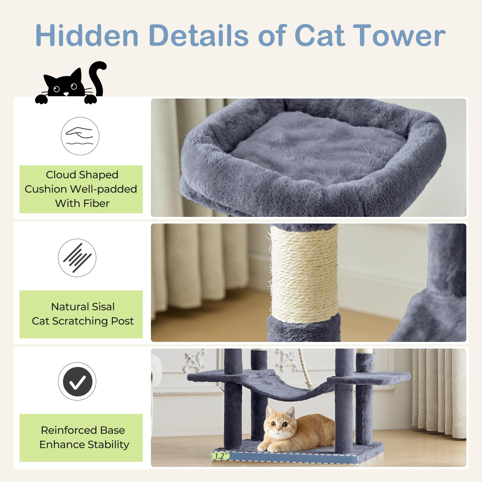 66 inch Large Cat Tree for Multiple Cats, Multi-Level Cat Tower with 2 Condos, 3 Perches, Hammock & Pompoms, Extra Wide Platform for Indoor Cats and Kittens Play