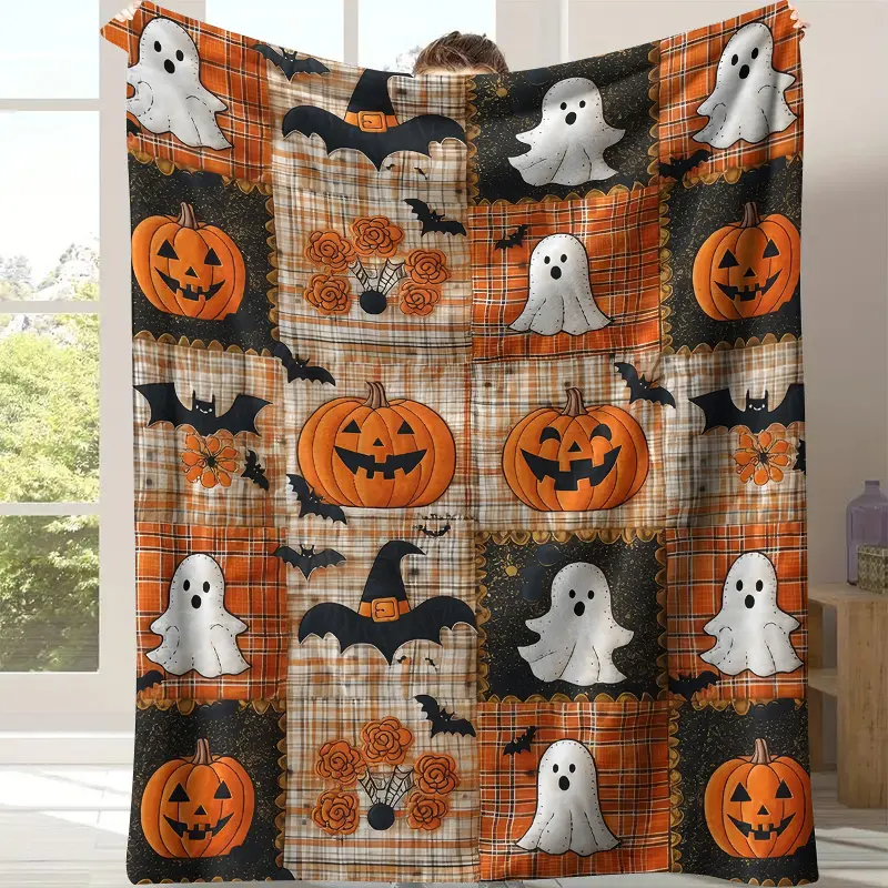 Vintage Patchwork Plaid Halloween Throw Blanket - Soft Blanket with Jack O'Lantern, Ghost, Witch Hat, Bat, Orange Grid - Perfect Farmhouse Fall Home Decor Holiday Gift