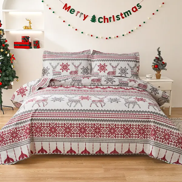 JESSY HOME 3-Piece Christmas Coverlet Set, Christmas Bedroom Decor Quilt Set with Snowman Elk, Snowflake Wreaths, Pine Prints, 1 Quilt 2 Pillow Shams, Festive Look for Holiday Decor Bedding Set, All Seasons