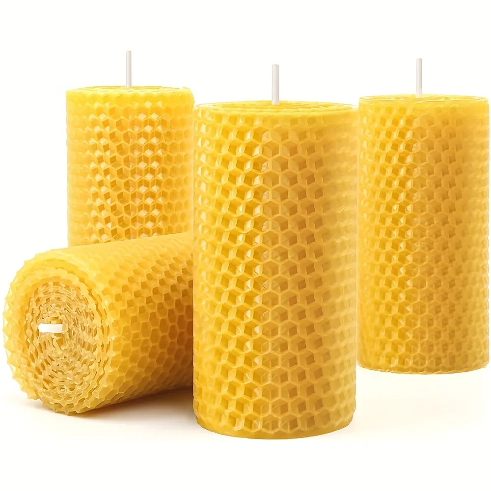 Handmade rolled beeswax candle, 4-piece set, handmade honeycomb beeswax cylindrical candle, bee farm gift, suitable for candle enthusiasts, home decoration, clean air, Relaxing Pressure Candles, Candle Pack (4 x 10 cm)