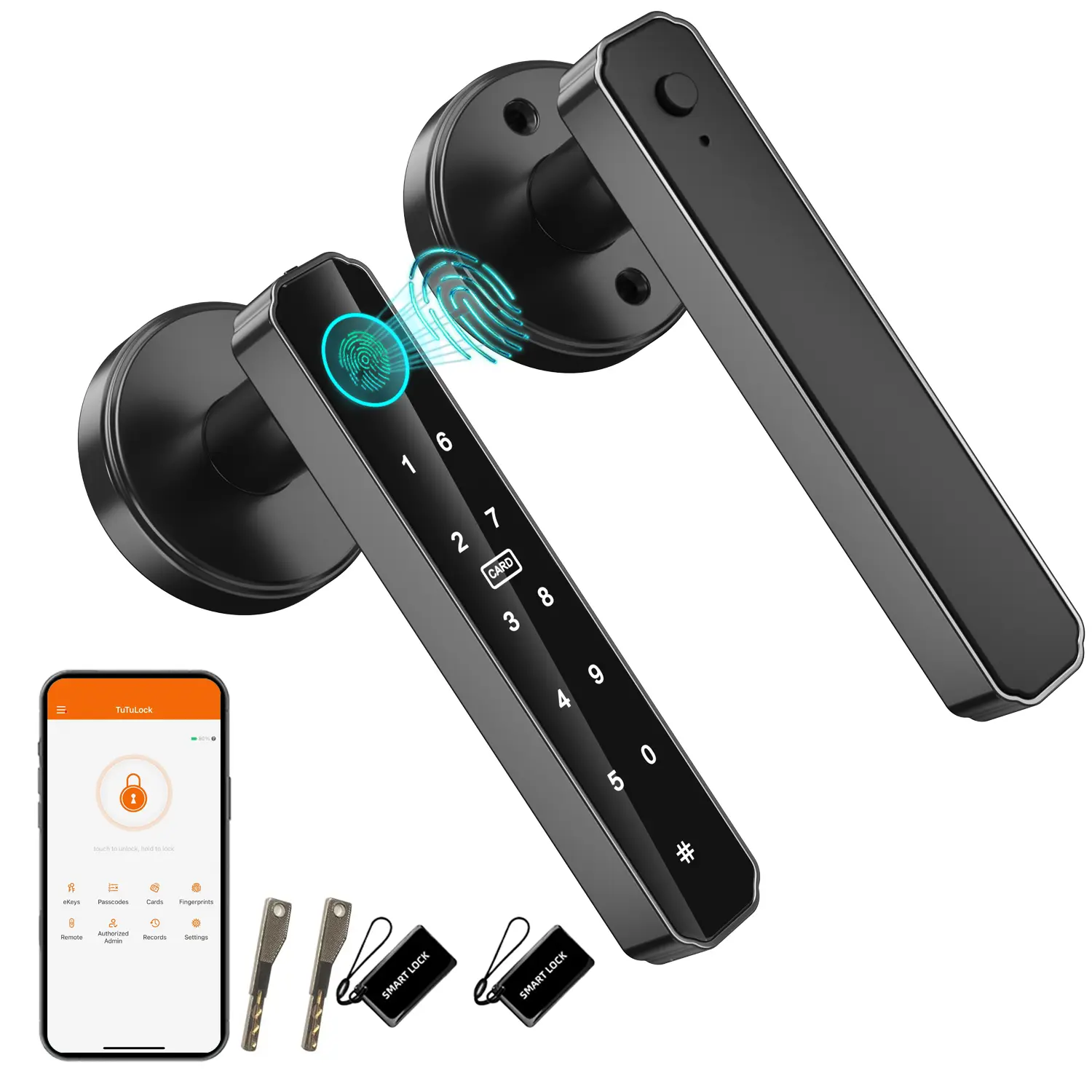 Fingerprint Door Handle for Bedrooms 5-in-1 Fingerprint Door Lock with Keypad App Control 2 IC card, Smart Knob for Bedroom with Key, Keyless Entry Door Handle