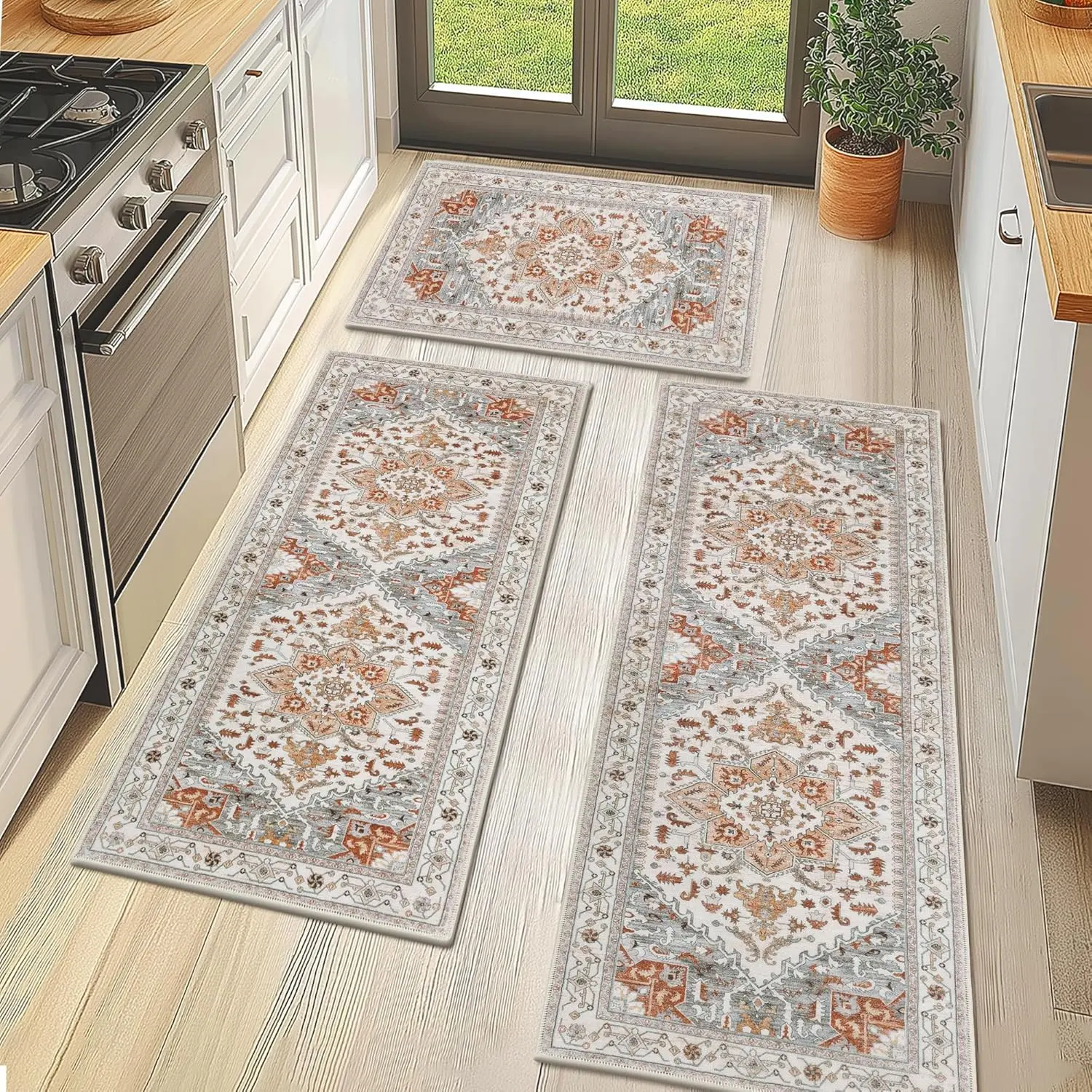 LOKHOM Vintage Kitchen Rug Sets of 3 Soft Non Slip Mats Washable Runner Rugs Farmhouse Rug Vintage Decor Original Family Home Set Bohemian Style 20"x32"+20"x48"+20"x59" Polyester TPR Backing Durable Practical