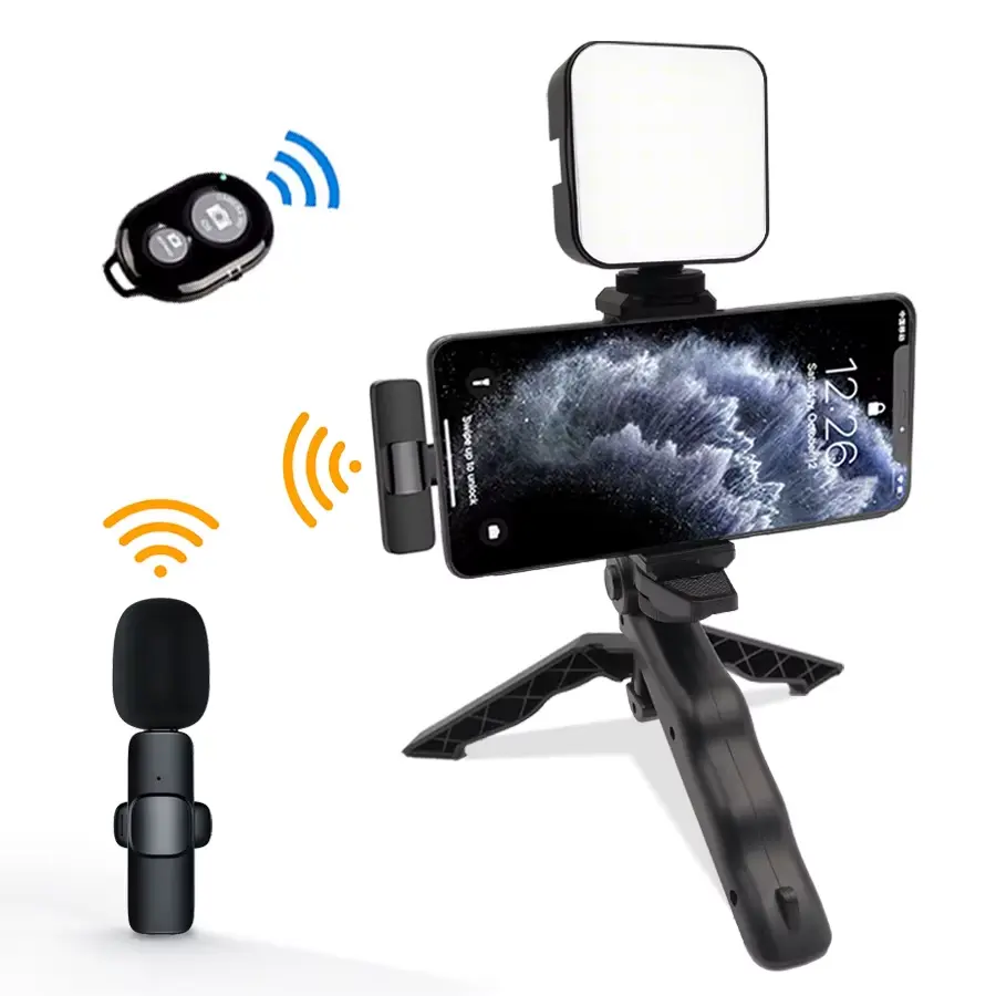 Capture stunning videos with our Smartphone Video Kit! It includes a wireless microphone, photography light, phone holder,Adjustable LED selfie tripod, Bluetooth recording handle, and a portable stabilizer with remote. Perfect for content creators!