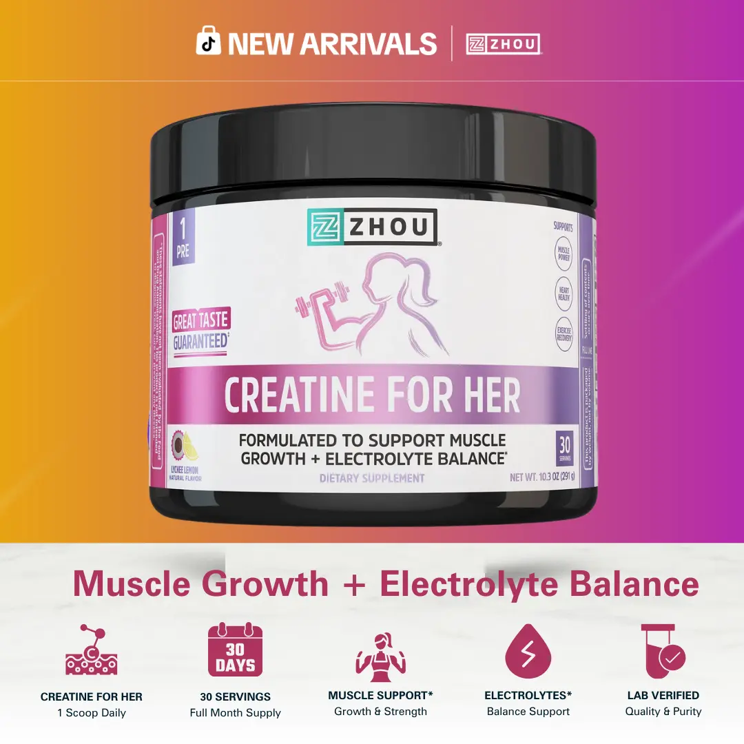 Zhou Creatine for Her Powder — 5g Creatine Monohydrate + L-Carnitine + Electrolytes for Active Women — Workout Support (Berry Flavor)