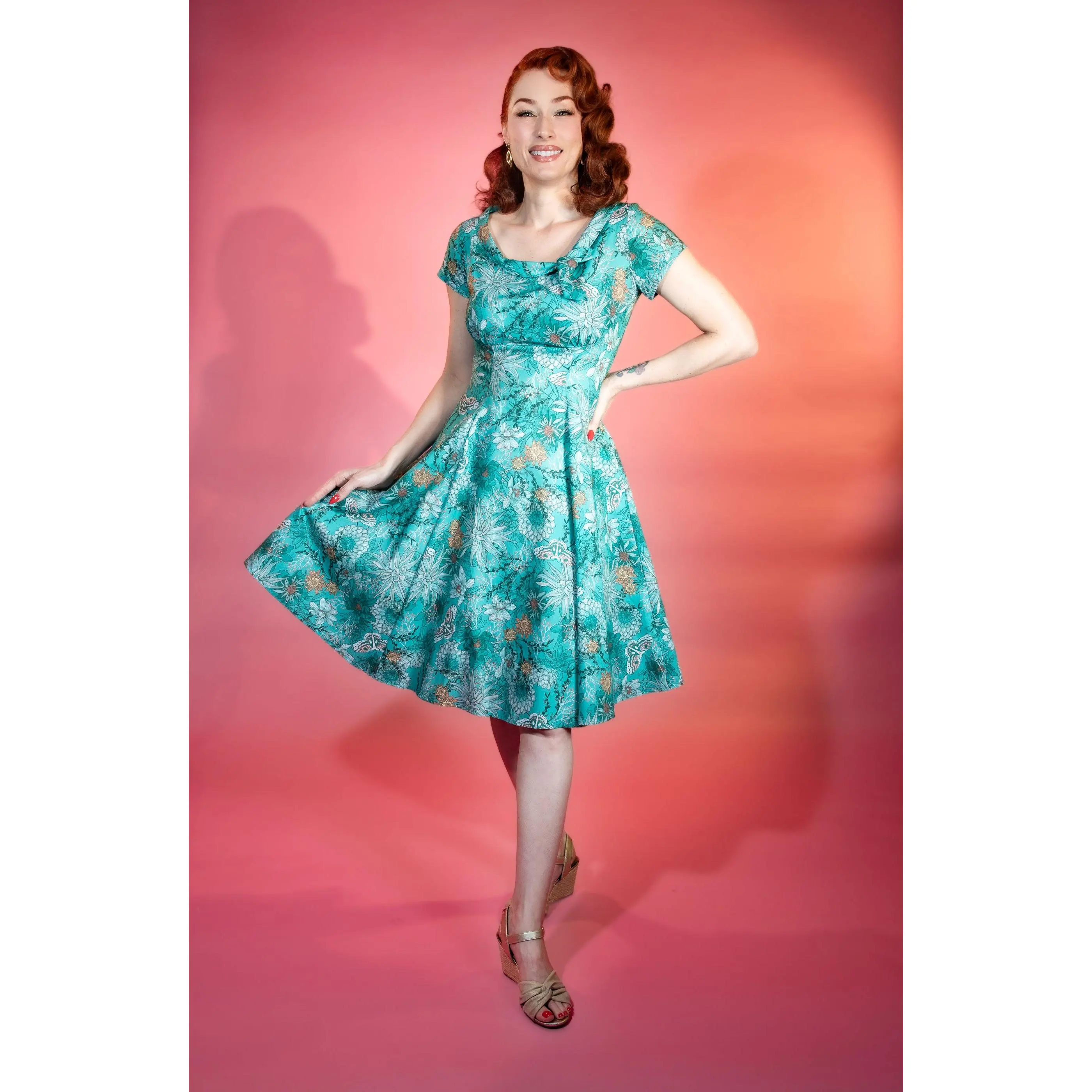 Beverly Dress- Teal Dahlia