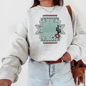 Boot Stitch Western Aztec Cactus Flower Sweatshirt, western clothing, western tops, western cowgirl stuff, punchy western wear, western outfits for women, country girl stuff clothing, graphic tees women, sweatshirts for women, country girl clothes