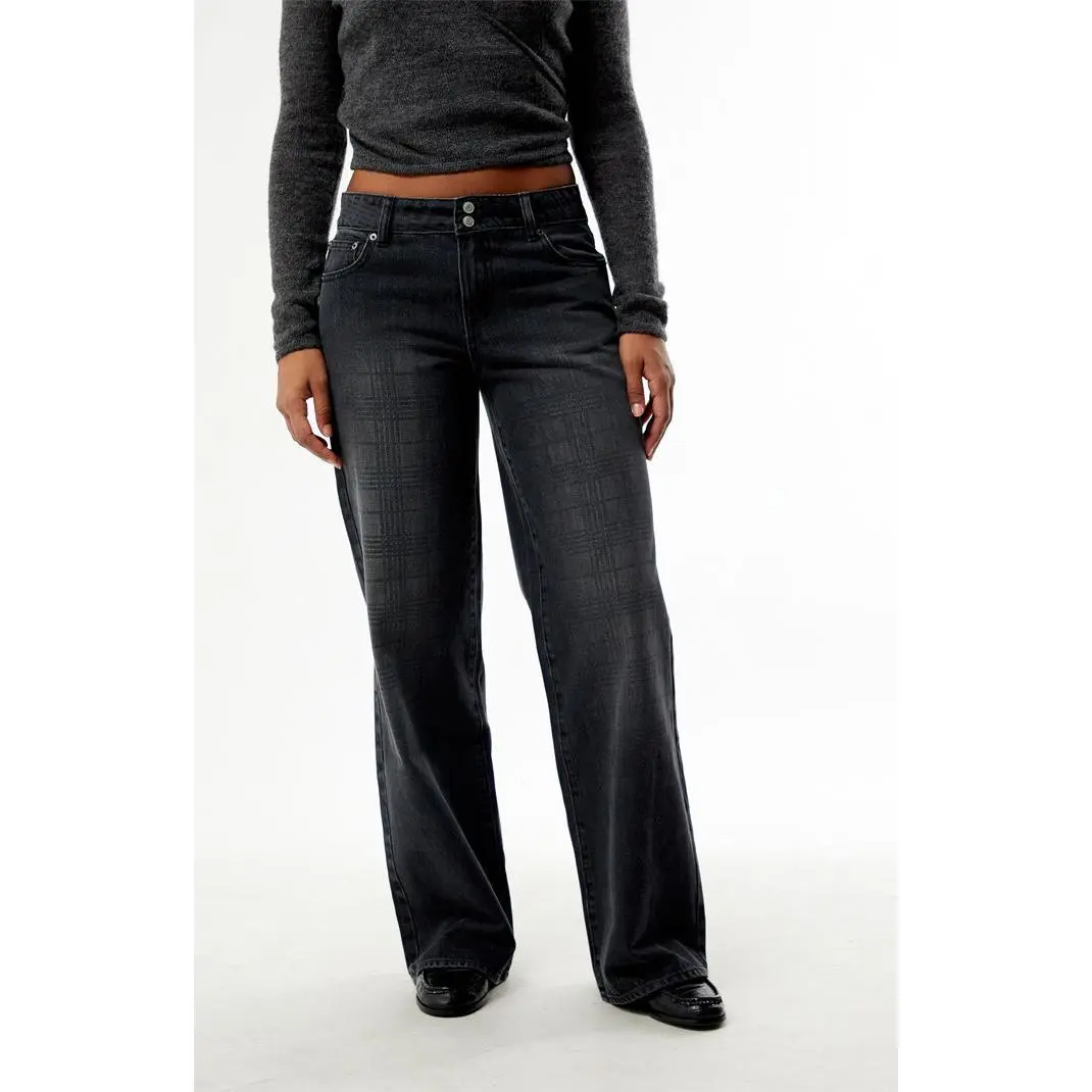 Pacsun Women's Casey Low Rise Baggy Jeans Tonal Plaid Washed Black