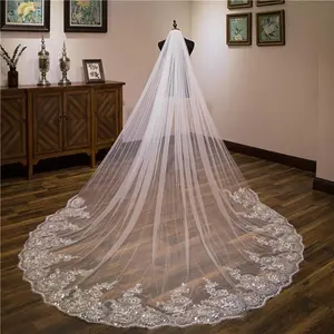 White Ivory Sequin Lace Yarn First Floor Cathedral Length Wedding Bride Veil With Comb Long Daughter Hallucination Tulle