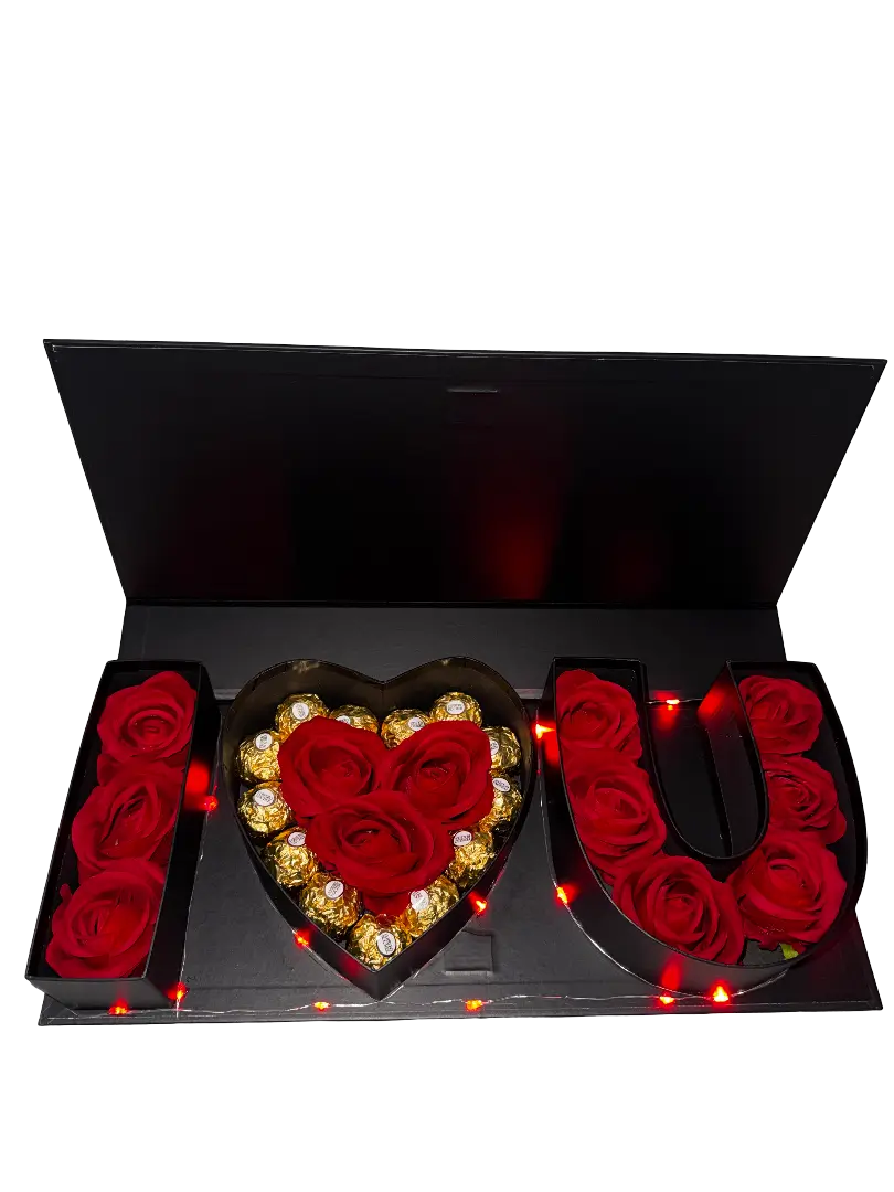 I LOVE YOU GIFT BOX with Eternal Roses & Chocolates in Heart Shape for Special Occasions