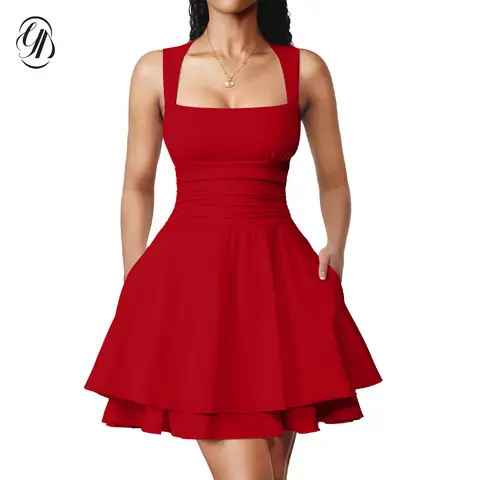 OYV Women's Soft Knit Square Neck Sleeveless Bodycon Dress - A-Type Ruffle Hem, Ruched Waist, Pockets, Warm Fabric, Classy Date Night/Birthday Casual Evening Wear (Womens Dresses, Knitting Design)