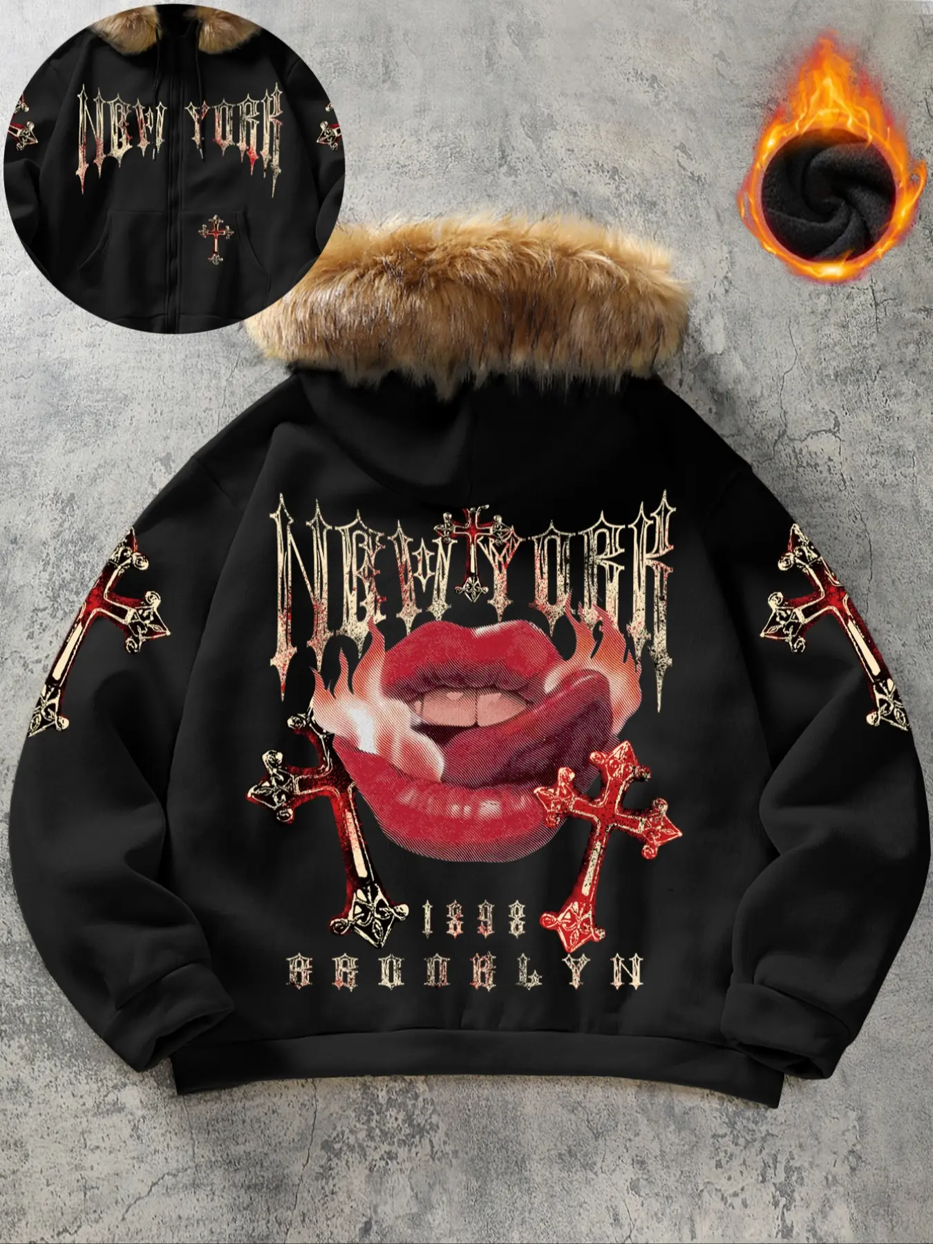 【Parka/Fur Collar Jacket】 Autumn Winter Extreme Warmth Men's Hooded Padded Coat | Retro Biker Style Dark Aesthetic Lip Graphic Outerwear | Thick Loose Fit Streetwear Trendy Oversize Cold Weather Item
