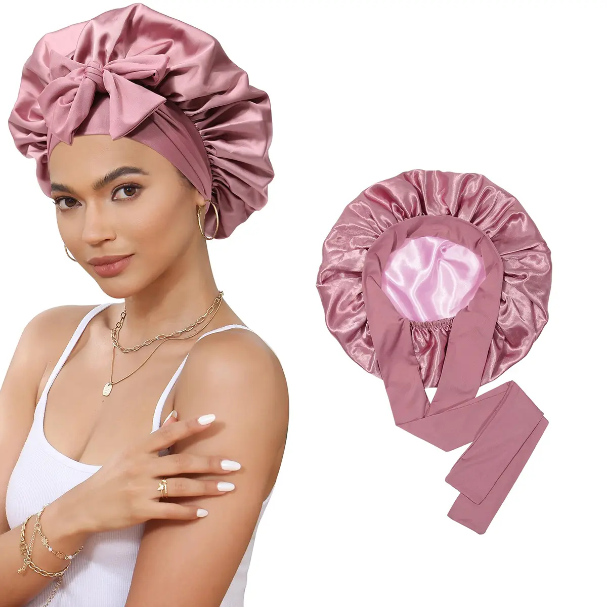 AWAYTR Female Reversible Double-Layered Satin Nightcap - Adjustable Tie Band, Elasticity, Haircare Fabric/Material, Sleep Hair Protection, Bathroom Accessory, Hand Wash, 1 Pc, Wear While Washing Face