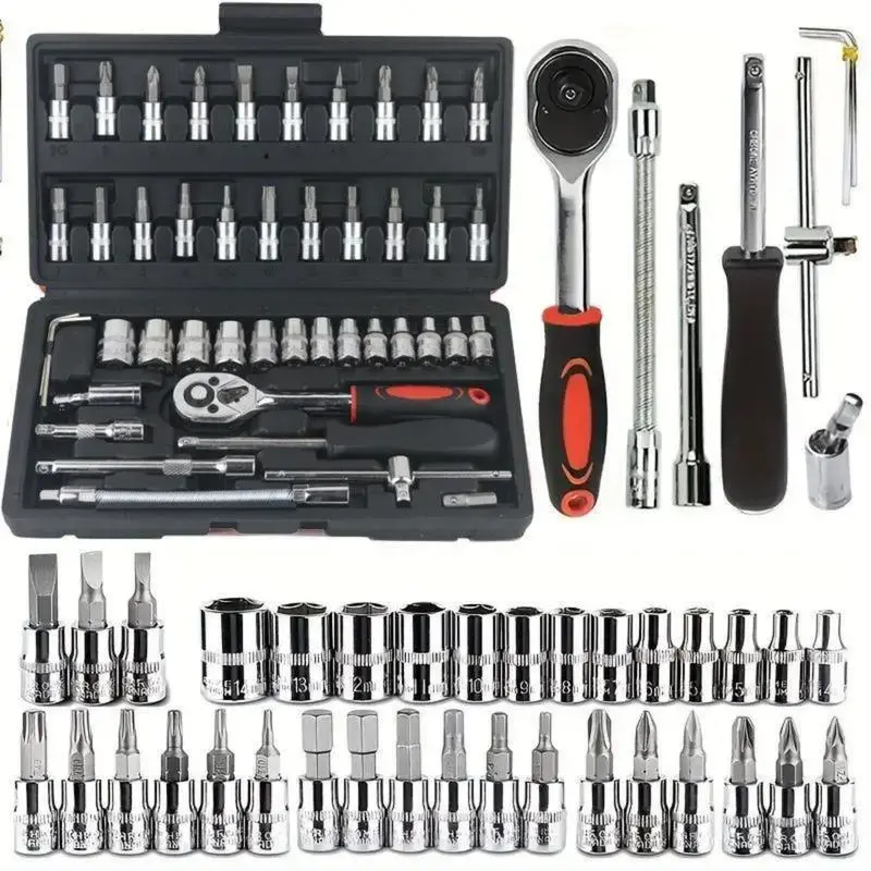 【Summer Sale Deals】46PCS Socket Ratchet Wrench Set, 1/4" Drive, Chrome Vanadium Steel, Metric Sockets 4mm-14mm, with Extension Bars, Universal Joint, and Storage Case – Perfect for Auto Repair, Home Maintenance, and DIY Projects