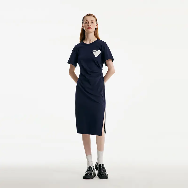 Women's GOELIA Casual Fit Knitted Midi Dress - Cotton-Elastane Fabric, Gathered Waist, Waist Split
