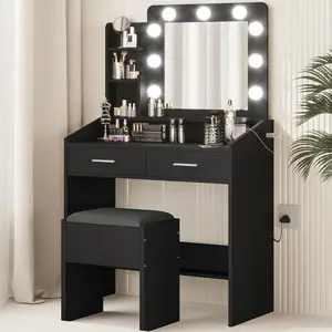 Black Vanity Desk with Mirror and Lights for Bedroom, Black Modern Makeup Table with 2 Drawers, 3 Light Modes & Dimmable LED, Includes Stool