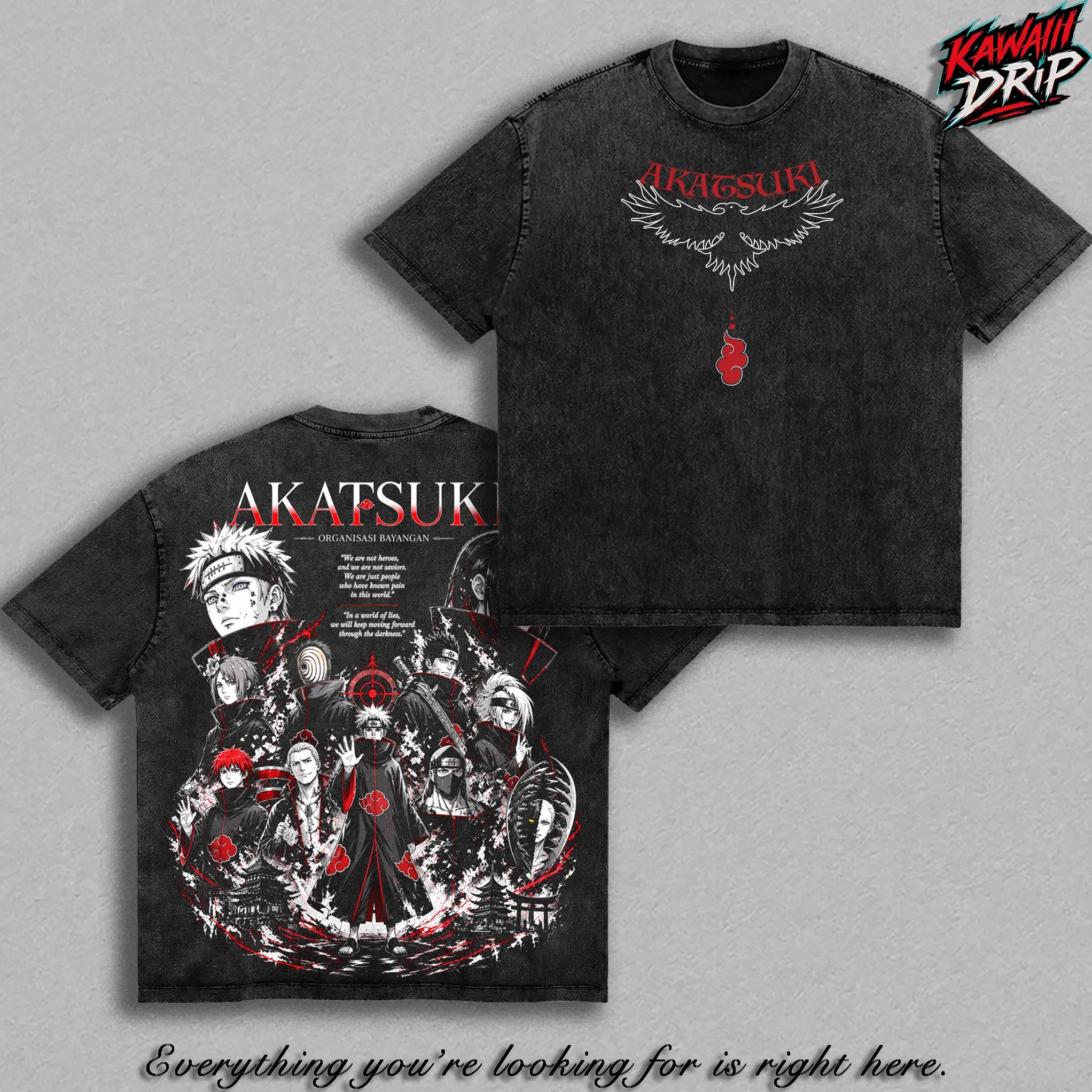 Akatsuki Clan Narutooo Shippuden Anime Double Printed Vintage Washed Tee Unisex Oversize Anime Manga Washed Heavyweight Cotton T-Shirt