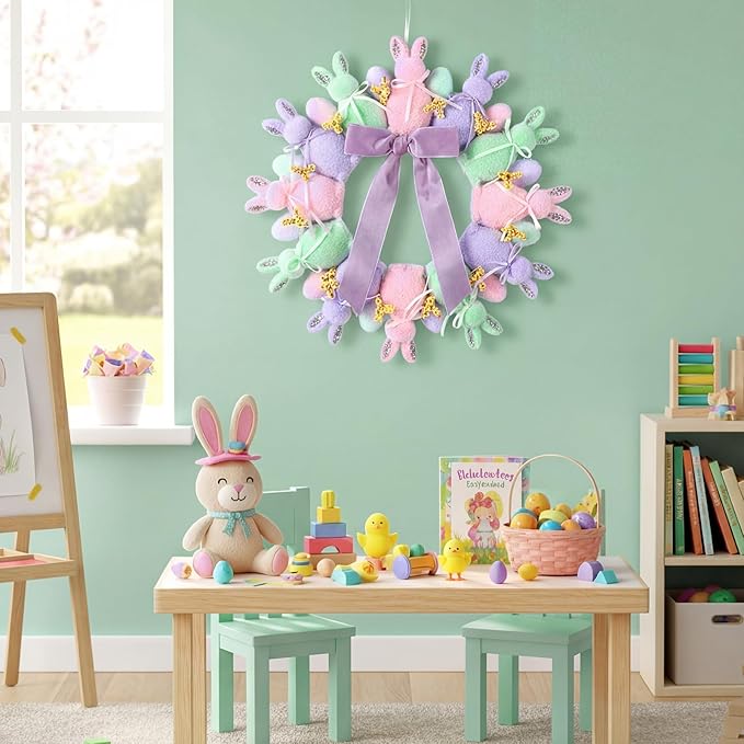 Flocked Easter Bunny Wreath with Eggs & Bow, 13" Spring Door Hanger Decor Cute Easter Wreath Vibrant Colors Easy Hang Spring Wreath for Front Door Porch Wall Window Fireplace Mantel, Easter Decor Farmhouse Home Decor Indoor Outdoor Party Supplies & Gifts