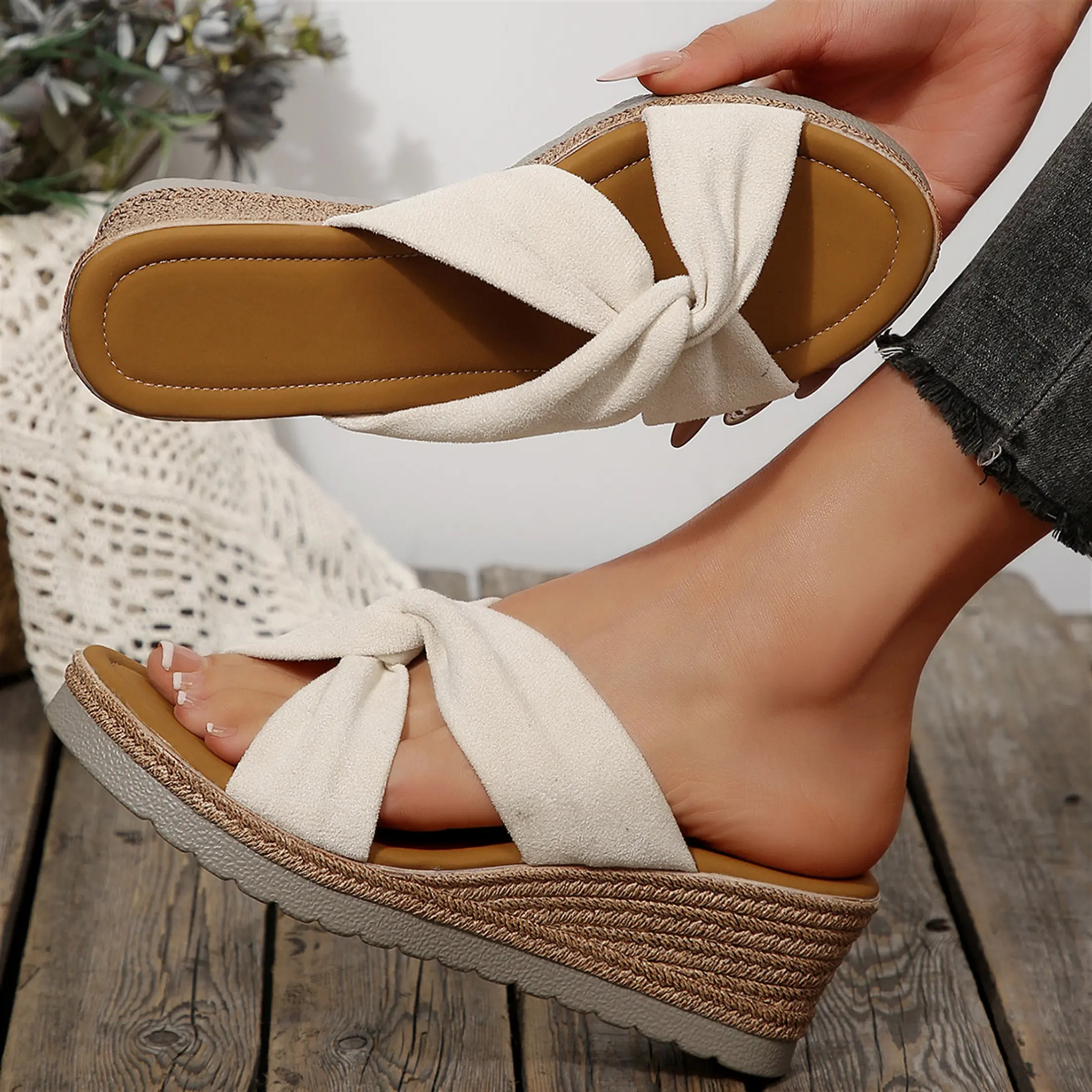 Womens Slip on Espadrilles Wedges Sandals Slides Platform Bow Open Toe Summer Dressy Mules Shoes