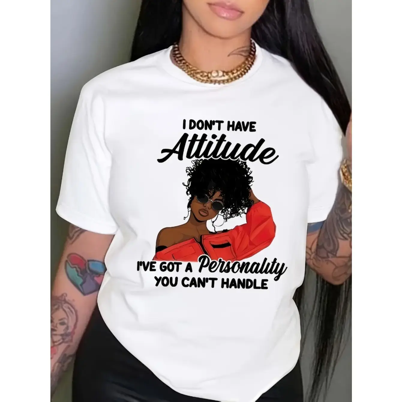 Women's Cotton Graphic Print Shortsleeve T-Shirt - Bold "I Don't Have Attitude..." Slogan, Red Fashion Glasses Design, Soft Breathable Apparel for Spring, Summer Everyday Day Wear, Machine Washable,back to school,back to school haul