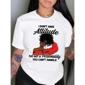 "Women's Graphic Print T-Shirt - Bold ""I Don't Have Attitude..."" Slogan & Red Fashion Glasses Design, Soft Breathable Fabric, Short Sleeve Round Neck Casual Top for Summer & Spring, Machine Washable "